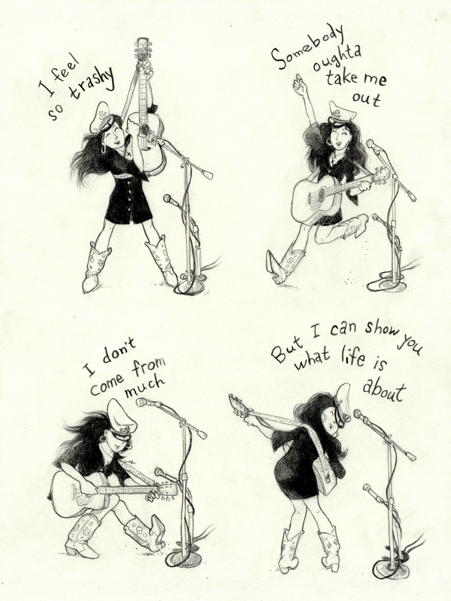 A four-frame image. Brandy plays guitar and sings, with some of the lyrics above her in the drawings. She sings - I feel so trashy, Somebody oughta take me out. I don't come from much, but I can show you what life is about. - She is wearing a short black dress, white cowboy boots, and a captain's hat. She looks joyful and amused. Her hair flies while she dances with her guitar lifted to her shoulder, then jumps with her hand reaching up. Next, she squats in a duck walk with a kick, and turns around and looks over her shoulder while she sticks her bottom out at the audience.