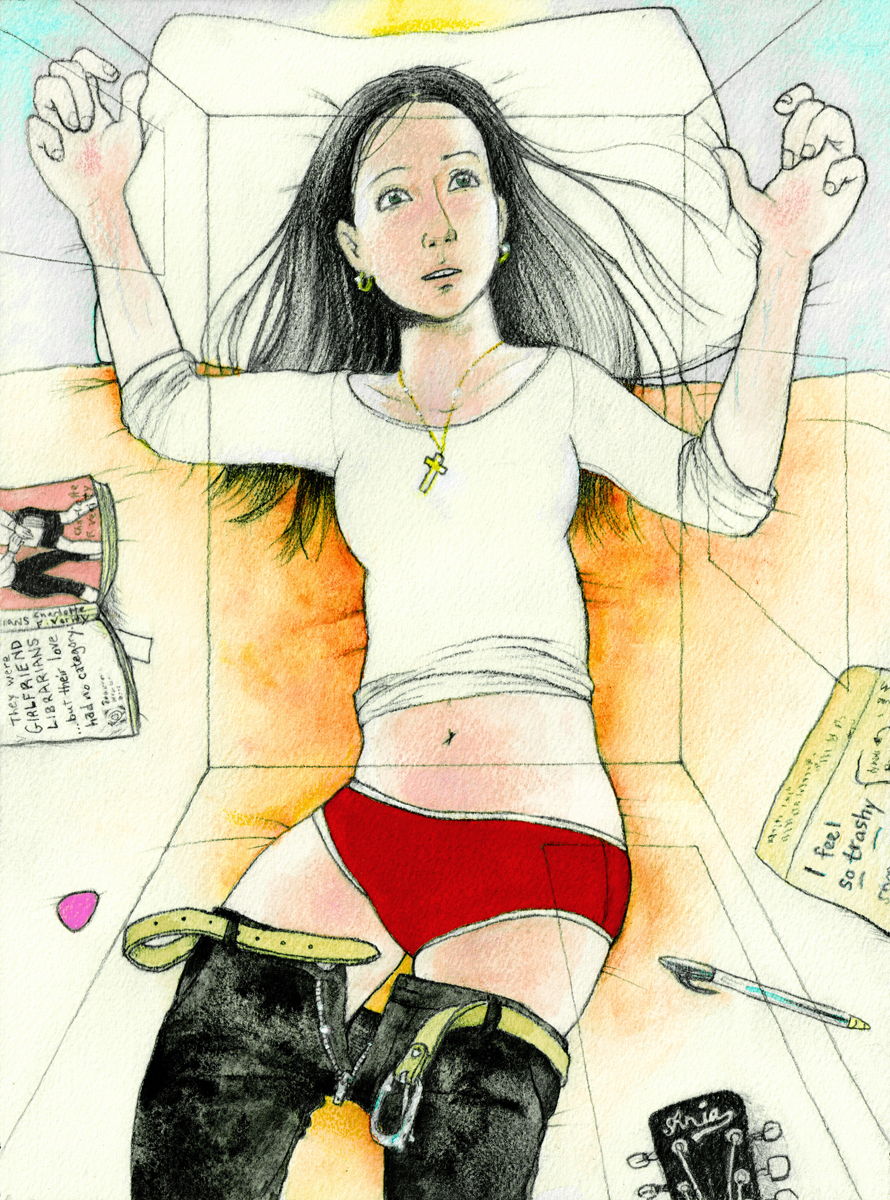 In this vibrant colour drawing, Brandy is seen from above, laying on her bed, with her long dark hair spreading over a white pillow and an orange blanket. Her arms reach above her shoulders in an almost cruciform gesture. The palms of her hands are blushed with pink. Her fingers have a relaxed curl. Her white, long-sleeve T shirt is pushed up to reveal her belly. Her black trousers are unzipped and pulled down her thighs halfway to her knees. Brandy’s crotch and hips remain concealed by her crimson panty briefs. Her unbuckled belt dangles from her belt loops. The drawing seems to glow with illumination. Sparkles shine from her open zipper, her belt buckle, her small hoop earrings, and her golden cross-pendant and its chain. Images in the drawing could have multiple interpretations. Her pillow and the wall above her head resemble a blue sky with the golden sun emerging from behind a cloud, while her blanket forms a desert horizon. The sunny glow could also be a halo over Brandy's head. Clutter on her bed is partly visible as objects at the edges of the drawing point toward Brandy's prone body. We see the headstock of her guitar, the triangle of her hot-pink guitar pick, a ballpoint pen with partly-spent ink in its transparent shaft. There is an envelope with 'I feel so trashy,' written on it, along with other scrawls that are illegible. A pink paperback book is spread open, spine up and pages down, with a bookmark protruding from the gaping fold at the bottom. The book’s back cover has the phrase, 'They were GIRLFRIEND LIBRARIANS but their love had no category,’ printed on it. On the part of the front cover we can see, there are the legs of two women, and the author's name, 'Charlotte F. Verity'. The entire scene of Brandy on her bed has simple geometric lines superimposed over her to form the perspective of her bedroom walls and the rectangular ceiling, so that the double-image reflects what she sees. Brandy’s expression is one of dazzled wonder. She stares upward beyond the viewer’s gaze, as if the resolution of her erotic tension has left her contemplating eternity.