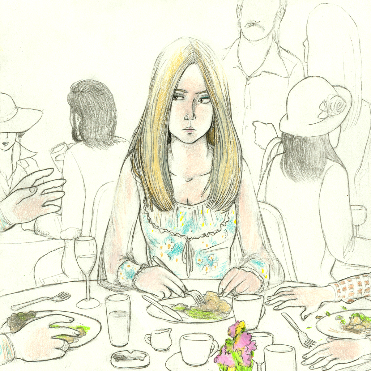 At the centre of the drawing, Crystal is seated in a restaurant, touching her plate of food with her fork. The translucent sleeves of her Gunnie Sax dress let the light shine over her skin. Her face is framed by her long golden hair, and her dark eyes glower sidelong with suspicion toward Mark. Only his hands gesture into the drawing from the left edge of the frame, held as if he is expanding on an important statement. At right, Brandy's hands enter the frame, and are pressed into the tabletop like she is listening with rapt attention. The table is covered in coffee cups, water and wine glasses, a small vase of flowers, a little jug for cream, and an ashtray. Crystal is the tidiest with her meal. Mark's fork is on the table while he gestures. Brandy's meal is in chaos with crumbs on the table, and her fork is dropped at an angle above her plate. Behind crystal, light sketches drawn in black-and-white show other patrons of the restaurant in their nineteen-seventies-era finery. A man with a mustache has a shirt with a long collar, and a man with long hair and a beard wears a blazer with elbow-patches. Three women have long straight hair or stylish hats. Their poise sets the tone of a fancy luncheon.