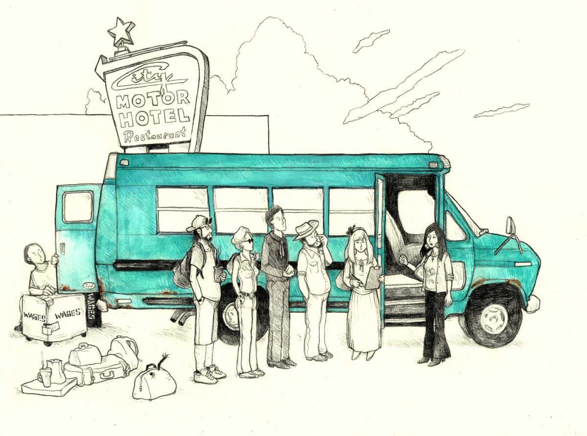 A line drawing in black and white with one object coloured in turquoise. Brandy's band are ready to board a half-size Ford F-350 school bus, which is painted torquoise. The bus is parked beneath a mid-century-style sign that reads, City Motor Hotel Restaurant. The back door of the bus is open, and a man is loading on battered amplifiers with the word Wages stencilled onto them. In front of him is a small assortment of ramshackle luggage and convenience food. Five people stand in line to board the bus. A tall man with a beard, a woman with short blonde hair and sunglasses, a tall man weating black, a stocky man with a beard, and Crystal, who is wearing a long white skirt and holding a clipboard and pen while she looks back at the rest of the line. Brandy stands at the open door at the front of the bus, facing the line and speaking, with her hand in a half-hearted fist pump. End of image description.
