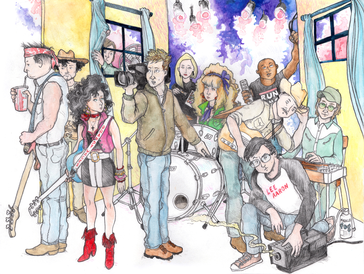 A line drawing in colour of Brandy Cinnamon Wages and her band shooting a video in the 80s. The scene is a stage set of a house interior crowded with people. There are two false walls with windows, built in forced perspective toward an open wall with stage lights and cascades of purple and pink fog. A man reaches through one window to adjust the curtains and another man in a RUN DMC t-shirt adjusts a wire in the fog. The bass player drinks a soda, and the fiddle player watches him with boredom. Crystal sits behind her drums in neon-green jeans-vest with her hair curly and teased. A woman with asymmetric hair approaches Crystal with a makeup kit. A man with a beta-cam stands in front of the drumkit and looks out of the frame while he points out a broken fog machine. A man in a Lee Arron jersey-t kneels to fix the sputtering fog machine that is attached by a small hose to a bottle that reads Miracle Fog. The guitarist and pedal steel player watch the man struggle with the broken machine. None of the instruments are plugged in, and there are no microphones. In front of the stage, Brandy stands and looks back over her shoulder. She looks small where she is crowded into the tall men. Her black hair is curly and teased. She is wearing a tiny pink vest over a black bustier with pink trim. There is a peek of bare midriff above a wide belt and black-and-white mini skirt. She has red ankle boots with fringes, and is wearing a red kerchief. Her cross pendant is black, and she is wearing many bracelets, which she does not usually. Her guitar is white and sky blue, and the strap reads, Brandy Wages. She surveys the scene of listless chaos with an expression of anxious concern. End of image description.
