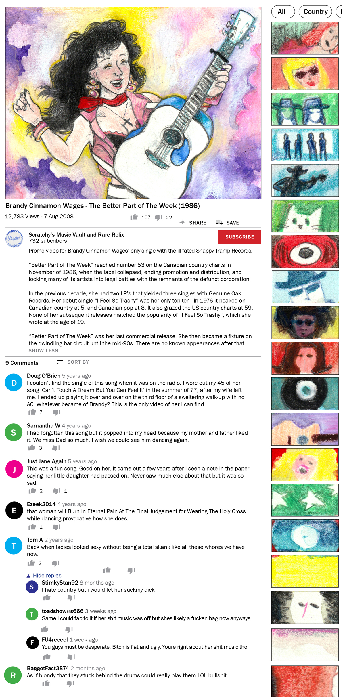 A repeat of the above online video drawing, but with the full video blurb and comments included. The continued text begins - Better Part of the Week reached number 53 on the Canadian country charts in November of 1986, when the label collapsed, ending promotion and distribution, and locking many of its artists into legal battles with the remnants of the defunct corporation. In the previous decade, she had two LP’s that yielded three singles with Genuine Oak Records. Her debut single, I Feel So Trashy, was her only top ten—in 1976 it peaked on Canadian country at 5, and Canadian pop at 8. It also grazed the US country charts at 59. None of her subsequent releases matched the popularity of I Feel So Trashy, which she wrote at the age of 19. Better Part of the Week was her last commercial release. She then became a fixture on the dwindling bar circuit until the mid-90s. There are no known appearances after that. 9 Comments. Comment from Doug O’ Brien. 5 years ago. I couldn’t find the single of this song when it was on the radio. I wore out my 45 of her song “Can’t Touch a Dream But You Can Feel It” in the summer of 77, after my wife left me. I ended up playing it over and over on the third floor of a sweltering walk-up with no AC. Whatever became of Brandy? This is the only video I can find. Comment from Samantha W. 4 years ago. I had forgotten this song but it popped into my head because my mother and father liked it. We miss Dad so much. I wish we could see him dancing again. Comment from Just Jane Again. 5 years ago. This was a fun song. Good on her. It came out a few years after I seen a note in the paper saying her little daughter had passed on. Never saw much else about that but it was so sad. Comment from E Zeek 2 0 1 4. 4 years ago. That woman will Burn in Eternal Pain At The Final Judgement for Wearing The Holy Cross while dancing provocative how she does. Comment from Tom A. 2 years ago. Back when ladies looked sexy without being a total skank like all these whores we have now. Reply from Stimky Stan 92. 8 months ago. I hate country but I would let her suck my dick. Reply from Toad Showers 6 6 6. 3 weeks ago. Same. I could fap to it if her shit music was off but she’s likely a fuckin’ hag now anyways. Reply from F U 4 reeeel. 1 week ago. You guys must be desperate. Bitch is flat and ugly. You’re right about her shit music though. Comment from Baggot Fact 3 8 7 4. 2 months ago. As if blondy that they stuck behind the drums could really play them LOL bullshit. End of description.