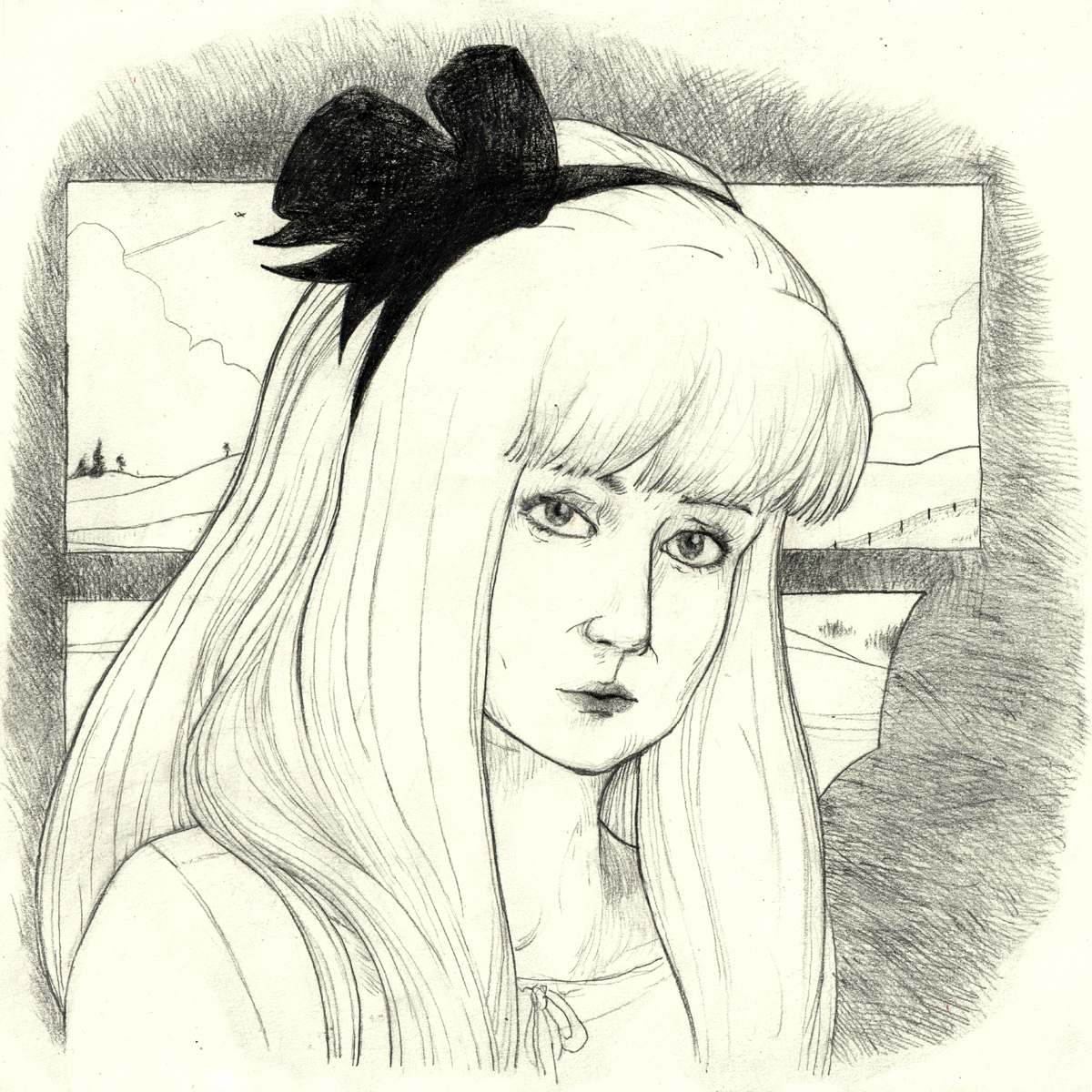 A line drawing in black and white. A portrait of Crystal seen from Brandy's point of view. Crystal is framed by a window of the bus behind her, and it looks out onto the rolling hills of the countryside. We are back in the 90s and Crystal has long straight blonde hair with bangs, and it is tied with a hairband with a black bow at jaunty angle to one side. Crystal is speaking and has an expression of serious conversation. End of image description.