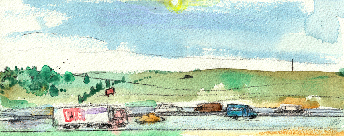 A small horizontal line-drawing with colour. The sun shines through clouds on a country scene with rolling green and gold hills. There is a cluster of trees at the left, bordered by a line of trees with an illegible red billboard. On the right horizon is a far-away radio tower. A four-lane highway runs along the bottom of the picture, with a few cars, a transport truck, and Brandy's turquoise schoolbus van. End of image description.