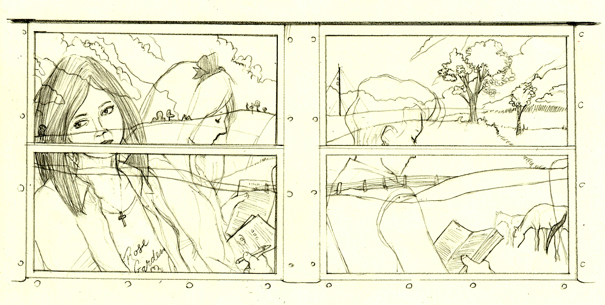 A line drawing looking in through the window of Brandy's bus. The countryside is reflected on the windows over the figures inside. The reflection is broken by the window's' cross-bars forming a horizontal cross-shape. The reflection shows rolling hills with a few trees, a fence, and a radio tower over the hills on the horizon jutting toward the clouds. A horse and foal graze nearby. Inside the bus, Brandy's bass-player girlfriend Joanne sits alone at the front reading a book. Her cowlick of short blonde hair tumbles over her forhead, making her look cool, androginous, and beautiful. In the seat behind Joanne, Crystal holds a pen and sorts papers with illegilbe lines. Brandy is sitting on the window-side of the seat, beside Crystal. Brandy is turned toward the window, and her T shirt says Rose Garden, with her cross pendant hanging above the print. Brandy stares toward the passing landscape, so she sees the hilly fields and horses that are shown framed and reflected over her. End of image description.