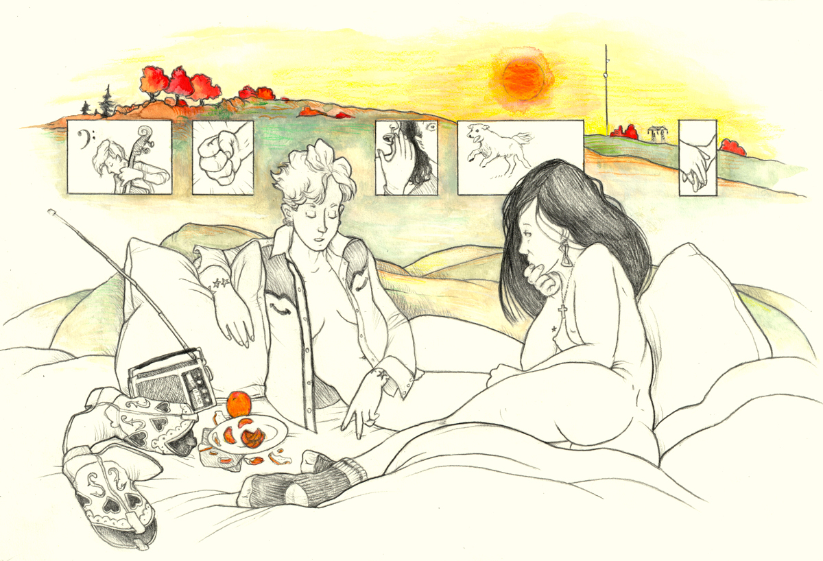 A line drawing in black and whith, with areas of vermillion, gold, and olive green. We see the summer landscape that Brandy is staring out into become an autumn sunset in the country out side of Kingston. An orange sun decends in a golden sky behind red trees, a radio tower, and a power-line tower. The hills roll down to become gloldeng-green heaps of blankets, and tangles of sheets and pillows emerge from the blankets. Joanne and Brandy recline on their sides atop the sheets and pillows, wtih their hips continuing the tumble of curves. We see Joanne as Brandy sees her, glamorous and naked except for a western shirt that is open showing her ample cleavage. Joanne centerfold build contrasts with her biker-boy blonde hair that is tousled after their ovemaking. Joanne has multiple ear piercings, and tattoos of stars arround her wrists. A tuft of light pubic hair is just visible behind the jesture of her arm. Joanne is speaking while walking her fingers across the bed as if describing a journey or a walking bass line on her fretboard. Brandy strokes her chin in consideration while listening to Joanne. Brandy's long black hair is dishevelled too. She has a more femme style than Joanne, while her cross pendant falls between her smaller breasts. Their interwoven curves form a kind of Yin and Yang of intermixed gender signals. This is the first chronological appreance of the star tattoo on the inside Brandy's right forarm. we're looking into the scene somewhat over Brandy's shoulder, andas she reclines, her back twists over her bare bottom. Brandy's legs lead down to a pair of work socks on her feet, with her cowgirl boots kicked off on the sheets nearby. Brandy's boots have a romantic heart pattern. Near the boots, there is a plate with orange segments and peels. A whole orange mirrors the orange sun in the sky, and a portable radio with an extended attenna mirrors the radio tower. Five rectangular frames float beside Joanne's head with illustrations of her stories. 1. Joanne playing an upright bass with a bass clef above her. 2. The fist of a basher ruching toward the viewer. 3. A girl whispering a secret rumor to another shocked girl. 4. Joanne's dog Hector, playing and running. 5. Two young women's hands clasping. End of image description.