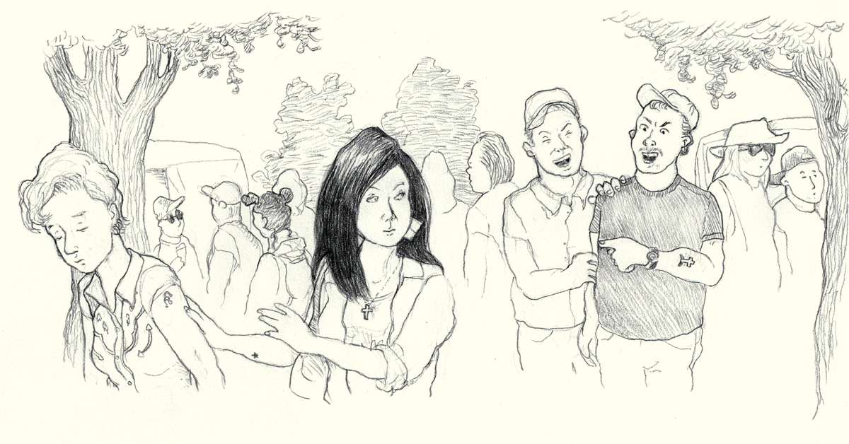 A black-and-white line drawing. In the foreground, Joanne slumps and walks out of the frame with a dejected expression. Brandy has her hand on Joanne’s shoulder and her other hand raised as if Joanne is turning away from a hug that never happened. Brandy is looking back over her shoulder with an angry expression. Behind her a crowd walks past, framed by two trees with more trees and the tops of two tents in the distance. There are assorted people, some with hats and some in sunglasses. There is a man with a combover, and far ahead, one woman with a tiny backpack and raver space buns. Two tall men with ball caps have emerged from the crowd to face Brandy and Joanne, while Brandy glares sideways back at them. One slaps the other on the shoulder and laughs. The other has a moustache, and he laughs with an angry face while he points at Brandy and Joanne and shouts. He has a cross-on-the-rock tattoo on his forearm above his watch. The passing crowd ignores the confrontation. End of description.