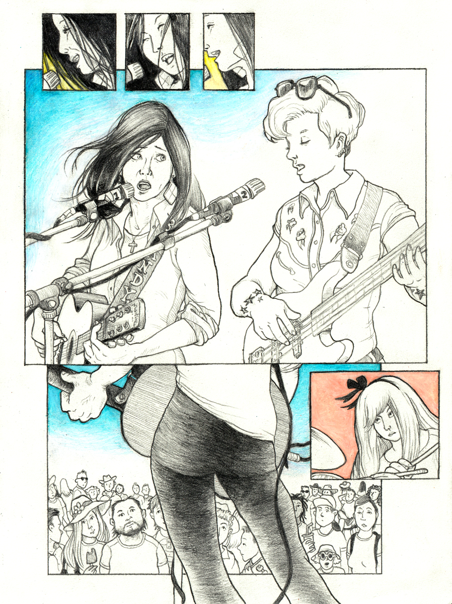 A line drawing with six comic frames in various sizes, with some areas of yellow, blue, or pink in the background. In the first three small frames, we see closeups of Brandy singing with great joy and expressiveness. The background is a sunny yellow. In a large fourth frame, Brandy and Joanne sing into microphones, while Brandy plays her Martin 00 acoustic guitar with a strap that says, “Brandy,” and Joanne plucks her Fender Jazz bass guitar. Brandy turns with her hair tossing in the wind, to face her girlfriend Joanne and watch her sing. Brandy’s joyful expression is gone, with her eyebrows raised in sadness, and it looks as if she might burst into tears while singing. Joanne’s sunglasses rest on top of her blonde quiff, and she sings with her eyes closed with cool indifference. The background is sky blue. Next is a large fifth frame. We look out from behind Brandy’s legs at the gathering audience, which has become a small loose crowd about three rows deep, with some listening while others face away or walk past. A woman with a floppy hat with a ‘90s daisy on it eats and popsicle and smiles at the music. A bearded man watches with rapt attention. A boy walks past with a skateboard, ignoring the show. A woman holds up a drink with a straw and looks surprised. A little girl with a bucket hat and sunglasses looks astonished. A woman with a backpack looks bored. The sky blue continues off over other people in the background. The last frame is a small closeup of Crystal. She leans into her drums over her traditional-grip sticks. Crystal purses her lips with quiet worry while she raises her sensitive introvert’s eyes, watching every conflicting emotional signal that floods the scene under her sister’s command in front of her. Crystal’s background contrasts with the other colours with a warm pink. End of description.