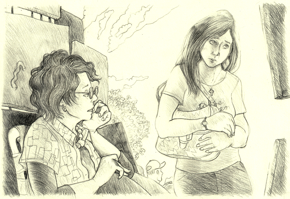 A black-and-white drawing. Brandy visits an artist’s booth in the park, while clouds float past above. She looks at a painting that we can only see the back of. Brandy holds her purse to her side as if hugging a toy and lowers her face then looks up into the painting as if intimidated by it. The artist sits to her side, with more of her monochrome canvases behind her. She has short wavy dark hair, a short-sleeve shirt with a pattern of random rectangles over a long sleeve black shirt. She has a large necklace, and funky round glasses. She rests her chin in her hand and has her other hand on her knee. Her fingers are crunched in awkward positions. End of description.