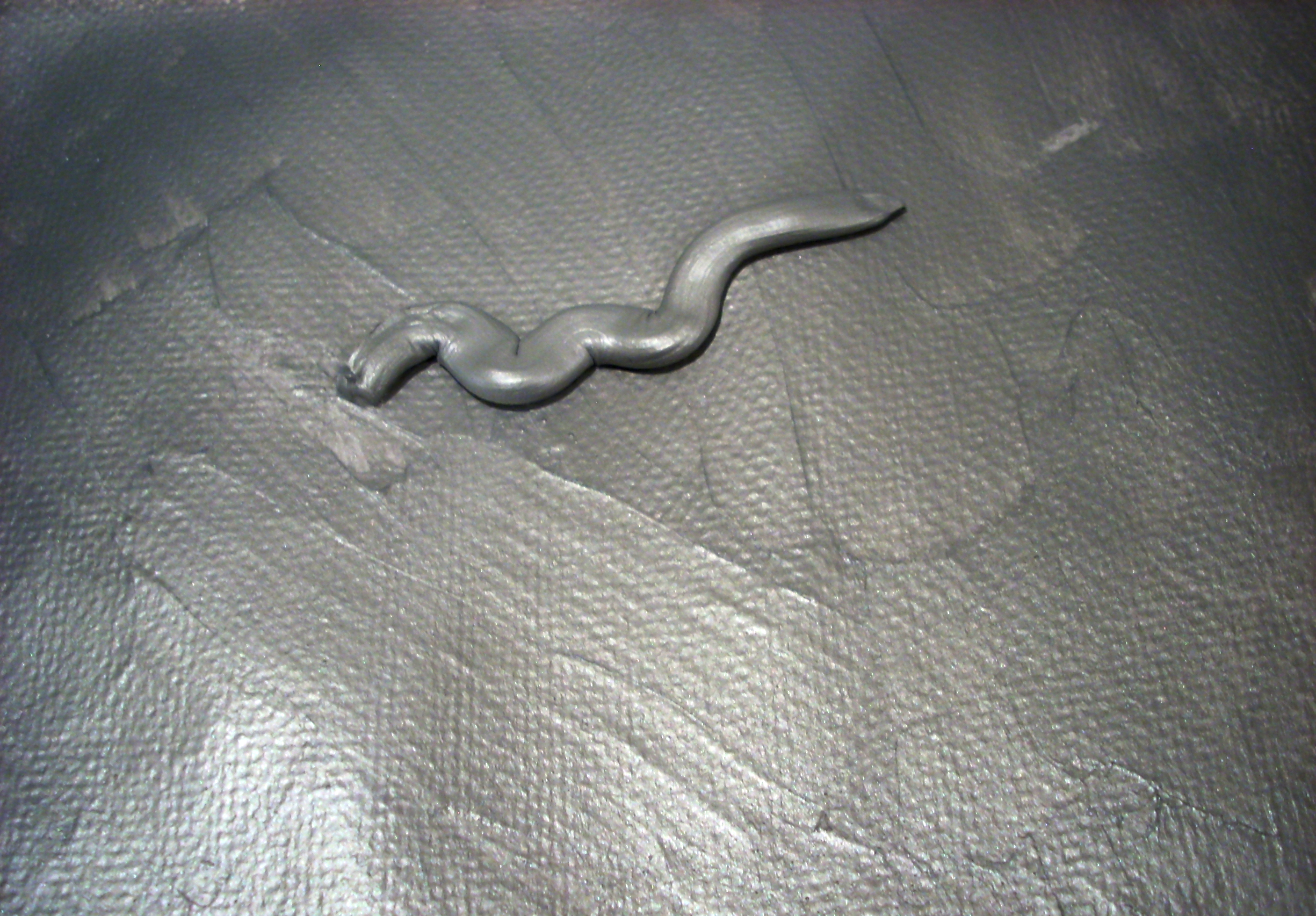 AA closeup photo of a painting on canvas. The canvas is painted all in metallic silver with heavy brushstrokes. In the middle, a spurt of silver paint has been squeezed across the canvas like a worm. End of description.
