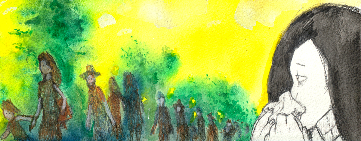 A horizontal drawing mostly in colour. The sky is a jarring shade of bright yellow with shaggy white clouds, and the trees are smeary spires of electric green. People walking past in a line. They are almost silhouettes in the glare. At the front, a little girl tugs on a woman’s hand to speed her up. Brandy’s face is separated in the foreground in black-and-white. She watches the passing people and holds a crushed tissue to her nose. End of description.