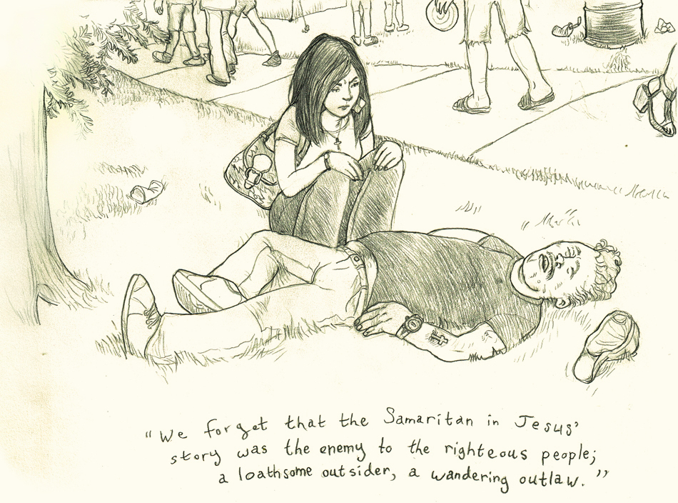 A black and white line drawing. In the foreground, Bill, the harasser from earlier in the story, lies prone on his back in the grass near the trunk of a tree. His hat has fallen off, and a can lies crumpled on the ground nearby. His eyes are shut and his mouth lolls open, and his face has drool and sweat on it. His belly sticks out beneath his shirt. In the background, we see the legs of people walking on the sidewalk past him with indifference. Brandy has left the sidewalk, and squats with an angry scowl to observe Bill’s collapsed body. Brandy’s cross pendant and Bill’s cross-on-the-rock tattoo show a connection between these adversaries, with Bill in the more vulnerable position in this second confrontation. Brandy’s words appear in quotes below. We forget that the Samaritan in Jesus’ story was the enemy to the righteous people; a loathsome outsider, a wandering outlaw. End of description.