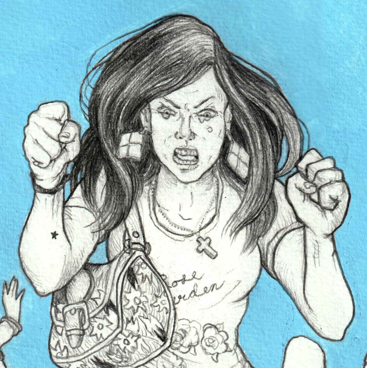 An enlarged detail of Brandy shouting and crying and raising her fists.