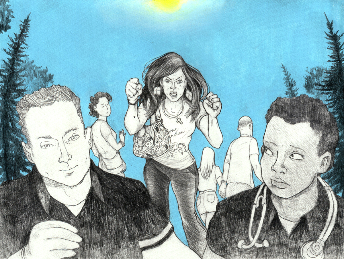A black-and-white drawing with a colour sky. The scene is viewed looking up from Bill’s point-of-view while he regains consciousness. Two St. John’s Ambulance medics that Brandy has summoned lean in with their faces close to Bill, while they check and attend to him. At left a man with short slicked-back hair raises a gloved hand, and at right a woman with a short-cropped natural Afro has a stethoscope around her neck. Trees reach into the sky around the two medics. Between and behind the medics, Brandy takes a step forward to lean in and shout at bill, while her black-star tattoo on her forearm is visible beneath her raised fists. Brandy’s hair swirls while she snarls, and tears drop over her cheeks. Her earrings and cross pendant are flying with the fury of Brandy’s fiery delivery of her message. The sky is blue and the sun shines over Brandy’s head like a golden halo. Her pose is between the stance of a boxer and a crucifixion. Three random festival attendees pass behind Brandy, two ignore her, but one woman turns, startled by the noise of Brandy’s ferocious outburst. The medic at right with the short Afro looks back over her shoulder with caution at Brandy, and watches while this white woman has her raging public freakout but does not get arrested. End of image description.