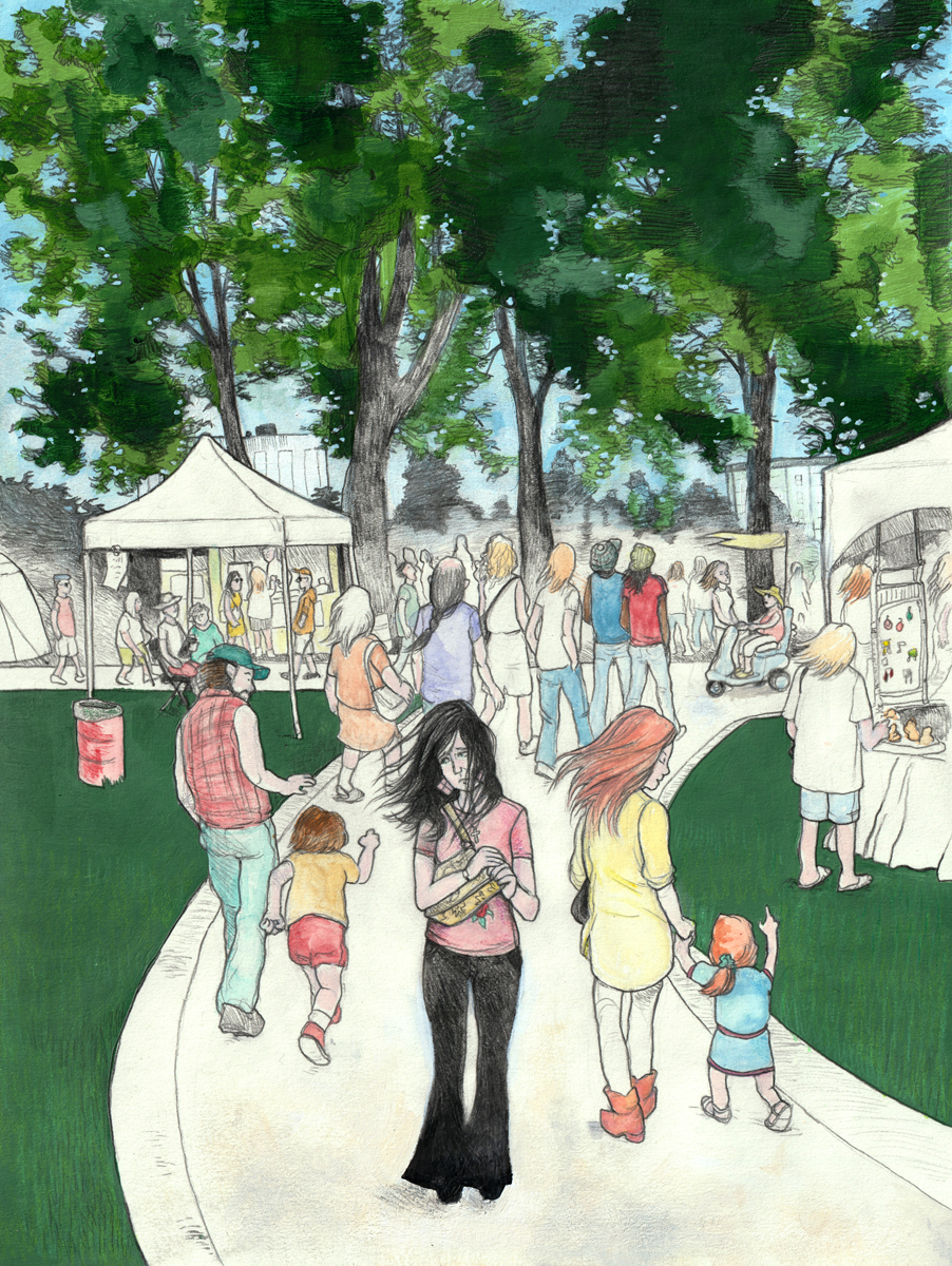 A tall drawing in colour shows the park filling with people. Trees fill the top of the frame with dappled sky-blue light shining through the leaves. In the background a line of people stroll along a sidewalk between tents, and a woman speaks to another woman on a mobility scooter that is decorated with a large yellow pennant waving in the breeze. Another sidewalk curves into the scene from the bottom of the frame, and a group of people walk away from us into the action in the park. Two Rastafarian friends are at the front, followed by a younger couple, and then an older couple with a bald man with a long braid of grey hair. A person stands to the side looking at tent with earrings. A man with a beard and baseball cap and a little boy in bright colours walk around Brandy to the left. The boy picks up to run, while man watches his outburst of energy. A woman and little girl, both with red hair floating in the breeze, walk past brandy to the right. The girl points to the yellow pennant and the woman holds her other hand and looks down to the girl with a smile. The overall scene is one of diverse people coming together for a cheerful and sunny afternoon. In the foreground, only Brandy faces the viewer, turned away from the joyful scene behind her. She hugs her purse to her chest with tense hands. Her dark hair blows across her face, but we can see her sad scowl as she appears to fight back tears, with the look of a woman has been subjected to or has found three conflicts in just a few hours at this beautiful festival. Brandy stands like a pillar in the wind, conflicted with herself. End of image description.