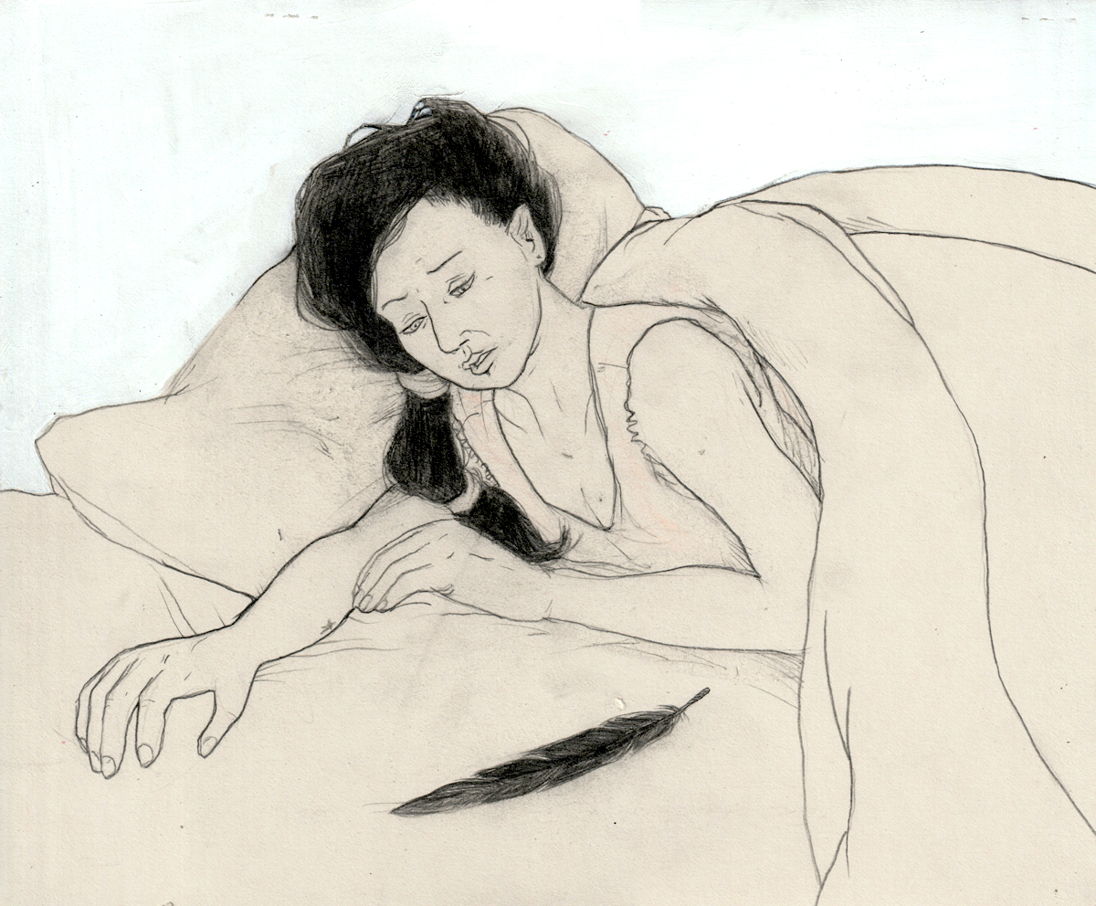 A drawing in black and beige with a white background like the light of morning. Brandy is waking up in her bed and leaning up on her side, with her hands reaching out in front of her as she extracts herself from her blankets. She has taken off her cross pendant for sleeping. Brandy is wearing a simple sleeveless nighty and her two-scrunchy ponytail flops over her shoulder. She has an expression of bleary confusion and surprise. She looks down at a large black feather that is lying on the bed in front of her.