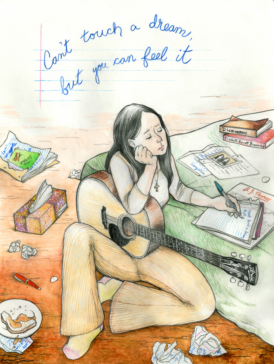 A young woman with long black hair sits on the floor, and writes in a notebook on a bed. She has a guitar on her lap and is surrounded by clutter. Text above her reads, Can't touch a dream, but you can feel it.