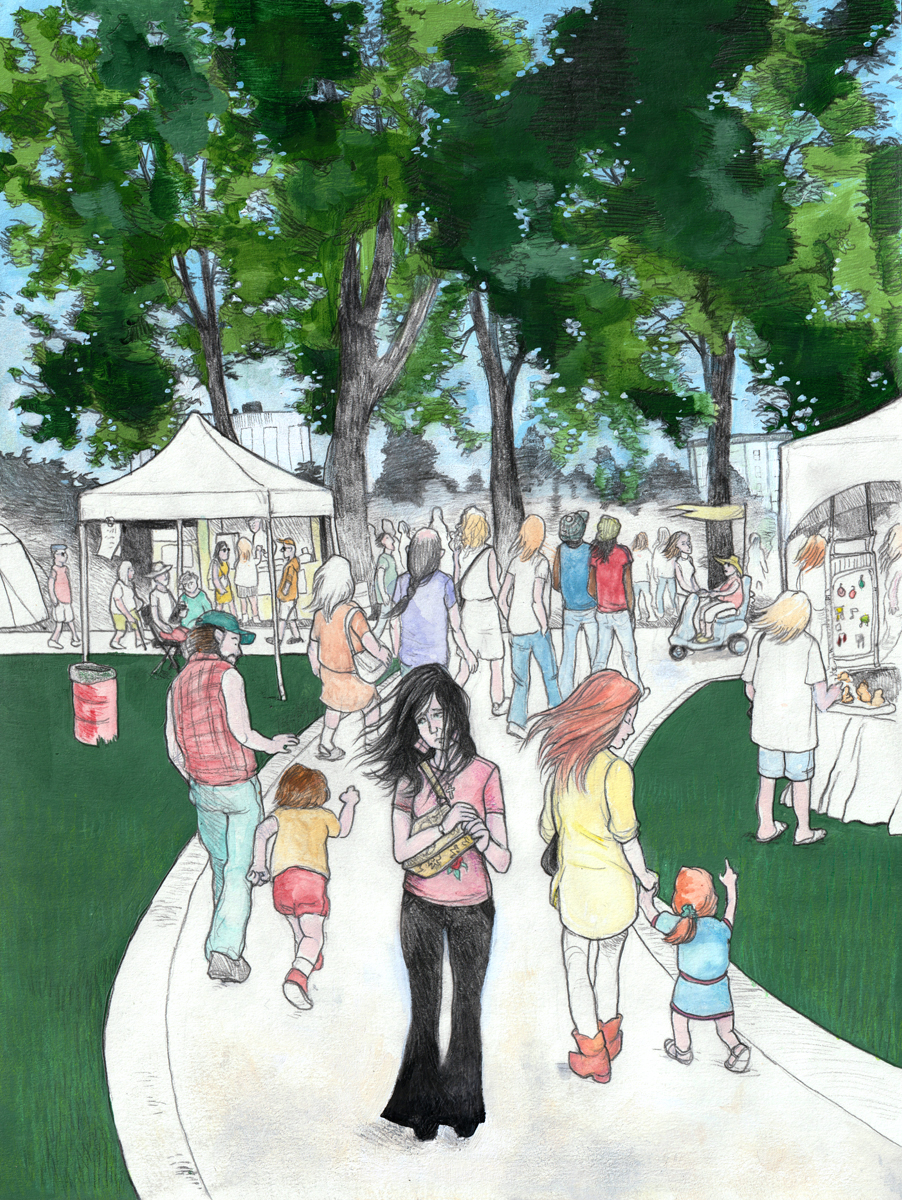 A woman with long black hair looks forlorn, while a crowd of excited people pass her toward a green park, where a festival with is taking place. 