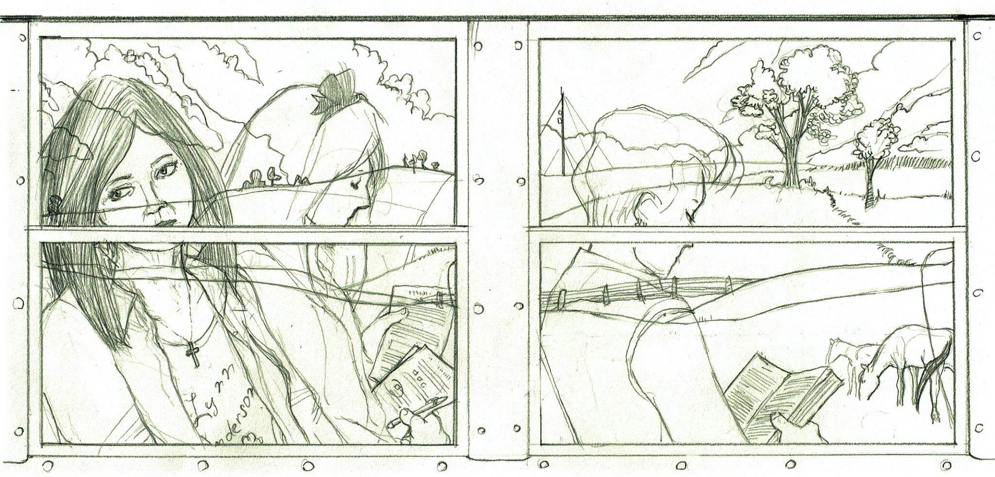 Looking into two bus windows. A woman wit short blonde hair women is reading, a woman with long blonde hair checks note with a pen. A woman with ong black hair looks out of the window. The country landscape she is looking a is visible in reflection on the window. There are gentle hills, a few trees, two horses, and a radio transmission tower.