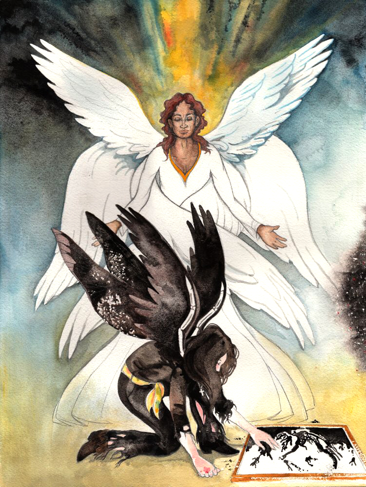 A black gender-fluid angel with six bright wings watches over a ragged white woman with black wings and long black hair, who kneels at a sandbox with black and white sand mixed in it.