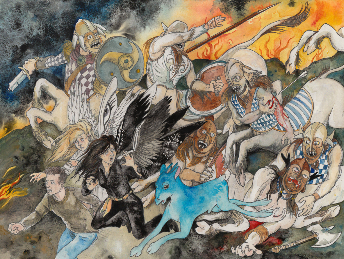A woman with long black hair, a woman with long blonde hair, a man, and a blue faun run downhill from a fire. Armed and injured centaurs also run away, but some have fallen.