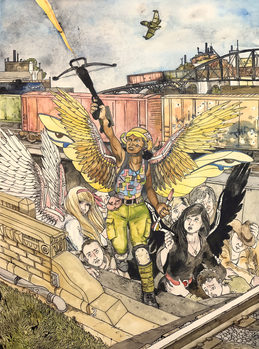 A woman whith colourful wings fires a rocket crossbow into the sky. A jet passes behind her. Two winged women and a group of men take cover in a trench behind her.
